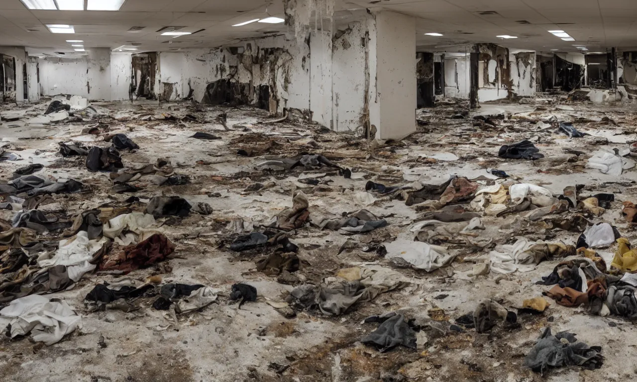 Image similar to backrooms abandoned mall, moldy walls and smoldering stuffed animals sitting in shallow water