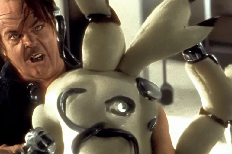 Prompt: Jack Nicholson plays Pikachu Terminator, scene where his endoskeleton gets exposed, still from the film