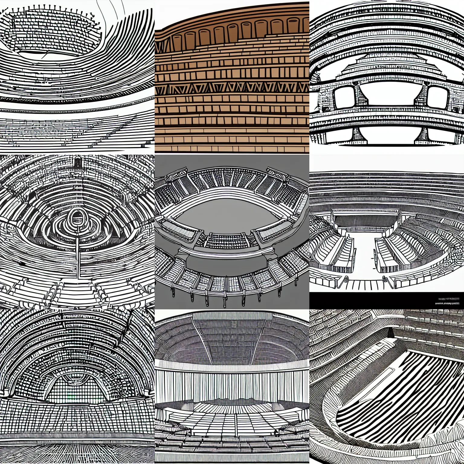 Prompt: detailed three quarter long shot of a section of ancient amphitheater in smooth shaded vector line - art style, white background