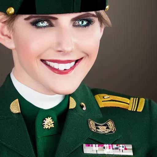 Prompt: brunette, short flip out hair, emerald eyes, evil smile, military uniform