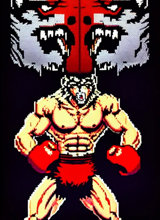 Image similar to extreme long shot. 8 bit nes graphics. antropomorphic muscular masculine wolf. kickboxer fighter, in shorts. wolf head. angry. fine details, very sharp, art from nes game cartridge, 8 0's, vhs artefacts, vaporwave style, marc simonetti and hermann nitsch and anish kapoor.