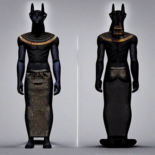 Image similar to “ egyptian god anubis in modern clothes, 3 d aesthetic lighting ”