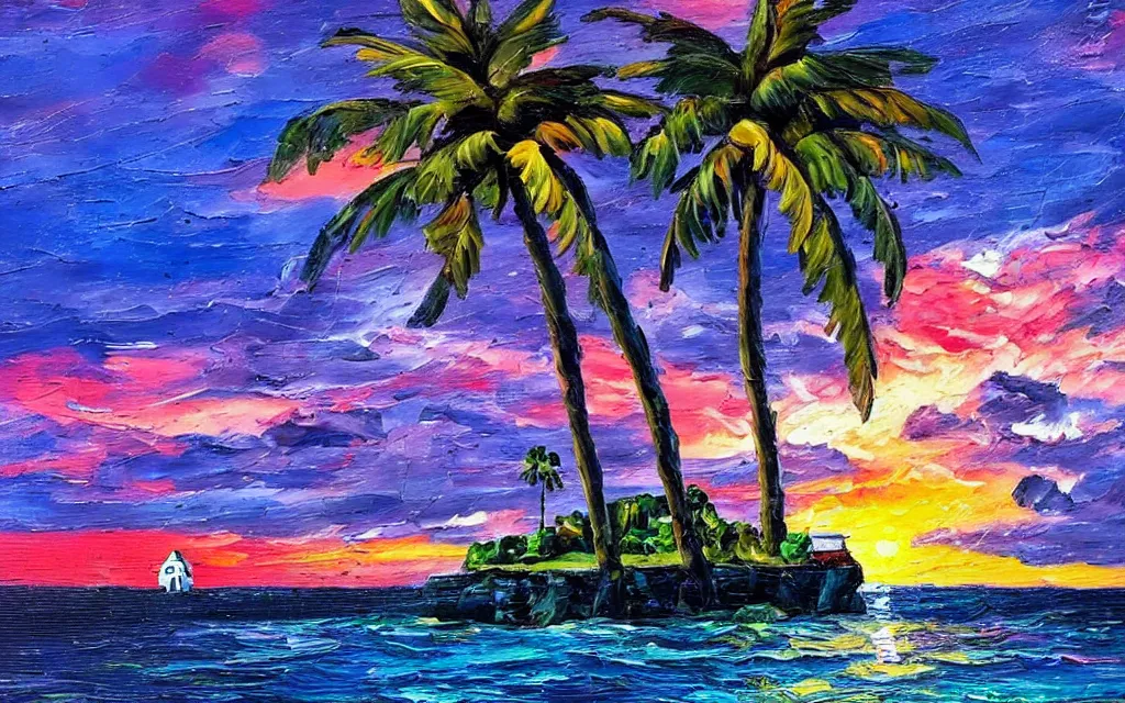 Image similar to a very very small island! with a cute cozy large cottage!! on it and a paved patio!! with chairs and string lights!, palm trees, very late evening cloudy sunset, dramatic and dynamic lighting, thick brush strokes oil impasto painting