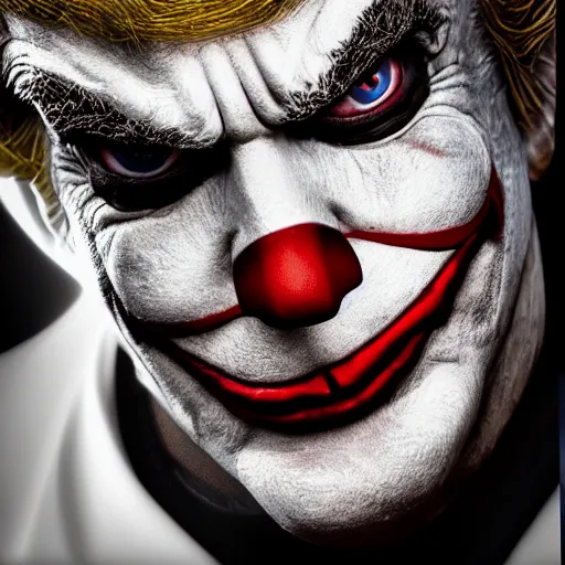 Image similar to donald trump as a joker - clown! in gears of war, splash art, movie still, cinematic lighting, ray tracing, detailed trump joker - clown face!, octane render, long lens, shallow depth of field, bokeh, anamorphic lens flare, 8 k, hyper detailed, 3 5 mm film grain