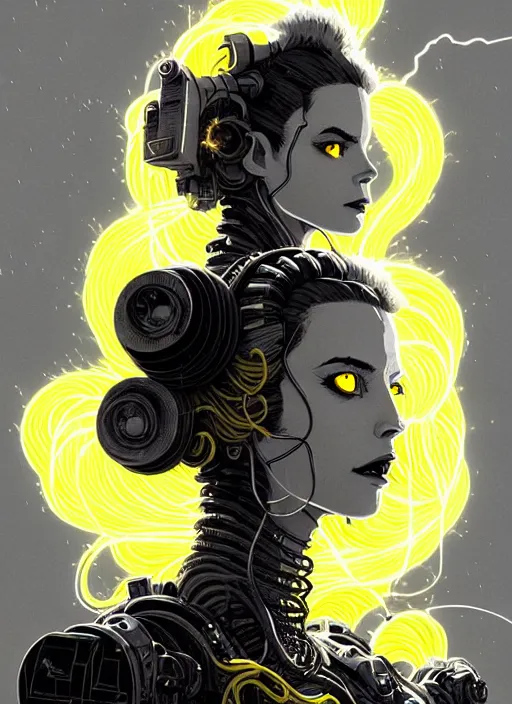 Image similar to highly detailed portrait of wasteland punk long curly glowing yellow and white plasma electricity hair tribal lady, stray electric spark wiring by atey ghailan, james gilleard, by joe fenton, by greg rutkowski, by greg tocchini, by kaethe butcher, 4 k resolution, gradient yellow, black and white color scheme!!! ( ( lightning cloudy robotic dystopian city background ) )