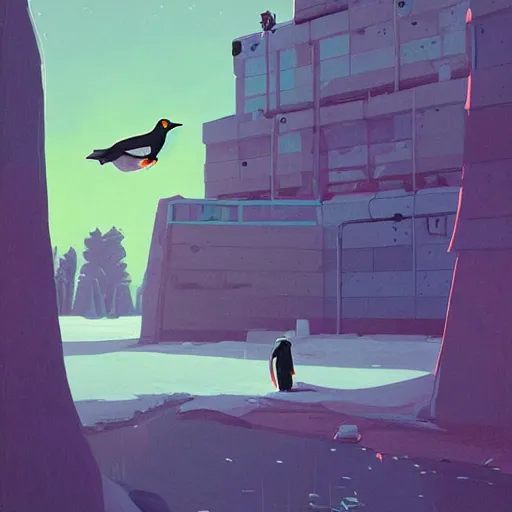 Prompt: penguin, art by simon stalenhag