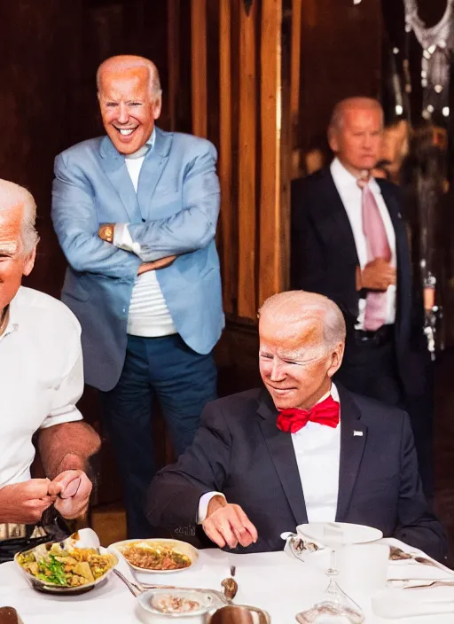 Image similar to Trump and Biden having dinner at a fancy Balinese restaurant, award winning photography, 85mm, perfect faces