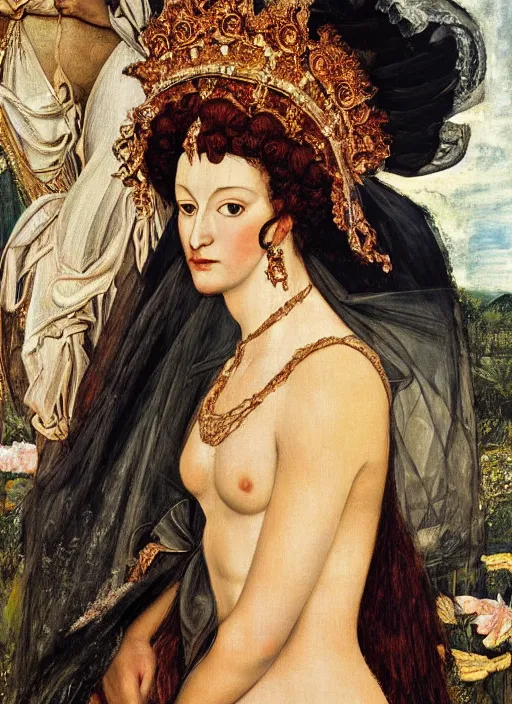 Prompt: oil painting of Queen Vulvine, Hungarian, curly dark hair, fair skin, veil by Georgia o Keeffe, by Marcel Jankowicz, by Botticelli, by Gustave Moreau, concept art, master