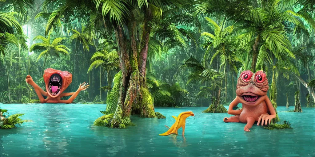 Image similar to of a tropical rainforest lake with strange cute friendly happy creatures with huge eyes, mouth, long tongue, round teeth and goofy face, appearing from the water, in the style of gehry and gaudi, macro lens, shallow depth of field, ultra detailed, digital painting, trending artstation, concept art, illustration, cinematic lighting, photorealism, epic, octane render