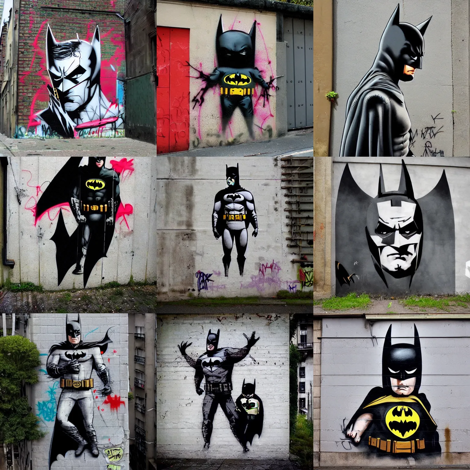 Prompt: Batman, Urban Graffiti Banksy, Bordalo, trending on artstation