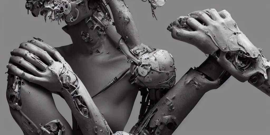 Prompt: hyperrealistic photography of a stunningly beautiful cyborg female, mechanical elbow, plated arm, intimate, holding hands, in the style of beth cavener, jin kagetsu,, and wlop, highly detailed, intricate, face symmetry, masterpiece, award - winning, sharp focus, concept art, high key, ambient lighting, 8 k, octane render, artstation