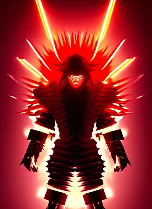 Image similar to a striking cinematic full body manga portrait of a long black haired masked male teenager wearing imposing red jagged spiked plate armour and glowing with raging powerful red energy by hirohiko araki and beeple, fine details, digital art, character concept art, volumetric lighting, cinematic light, photorealistic