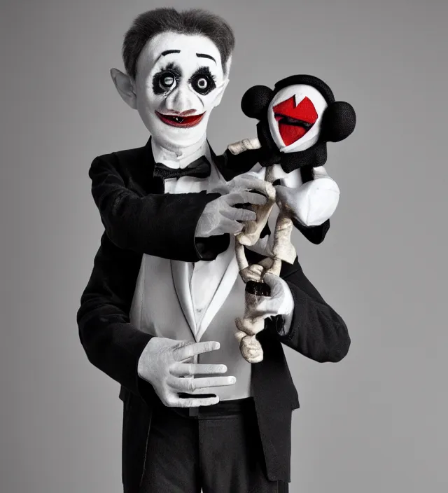 Image similar to hyper realistic photography of lunatic ventriloquist with haunted puppet