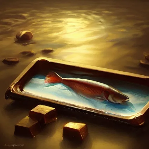 Image similar to a fish laying on top of a chocolate bar. soft, atmospheric, warm lighting. highly detailed digital painting by mandy jurgens.