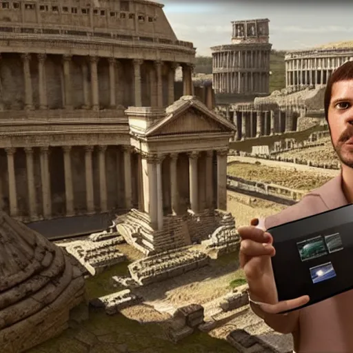 Image similar to man from the future bring ipad tablet to ancient rome and show the amazed people about the technology of the future. real, 4 k, cg, unreal engine