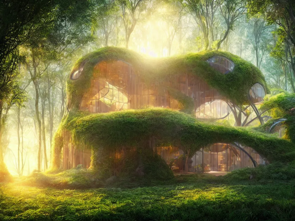 Image similar to beautiful organic house made from imaginary plants in a forest, architectural render, futuresynth, chillwave, by Gabriel Dawe, by Skottie Young, by Jessica Rossier, vegetal architecture, blender 3D, by moebius, sunrise, (mist), junglepunk, trending on artstation