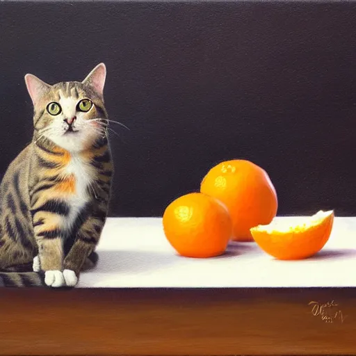 Image similar to a cat pondering oranges on a table, oil on canvas, artstationm digital art