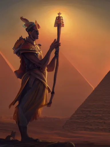 Image similar to a handsome man, leaning on his staff, near the great pyramids. intricate, elegant, highly detailed, digital painting, artstation, concept art, sharp focus, illustration, by justin gerard and artgerm, 8 k