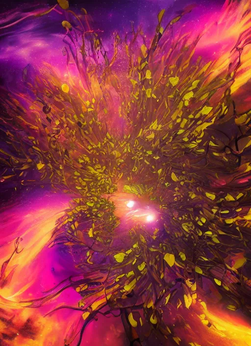 Prompt: An epic fantastic realism comic book style painting of the most beautiful spiraling entwined flowers launched explosively across the dark spinning galaxy, floating bouquets, fisheye lens, unreal 5, DAZ, hyperrealistic, octane render, dynamic lighting