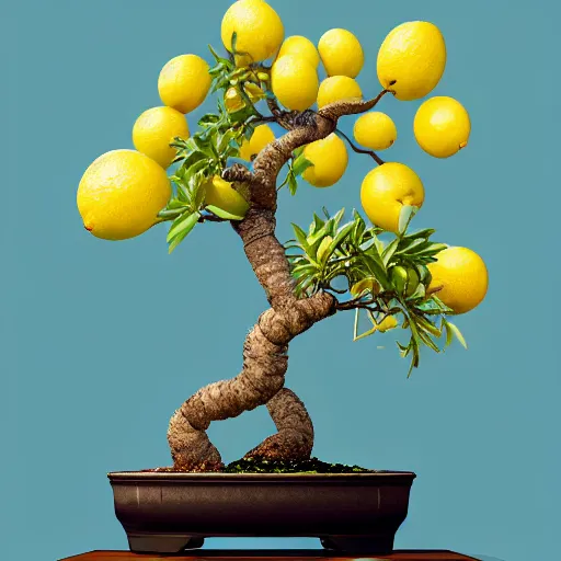 Image similar to bonsai fruit tree with lemons!! but minimalistic concept art by frank stella gilleard james whalen tom, colorful, soft light, trending on artstation, minimalism