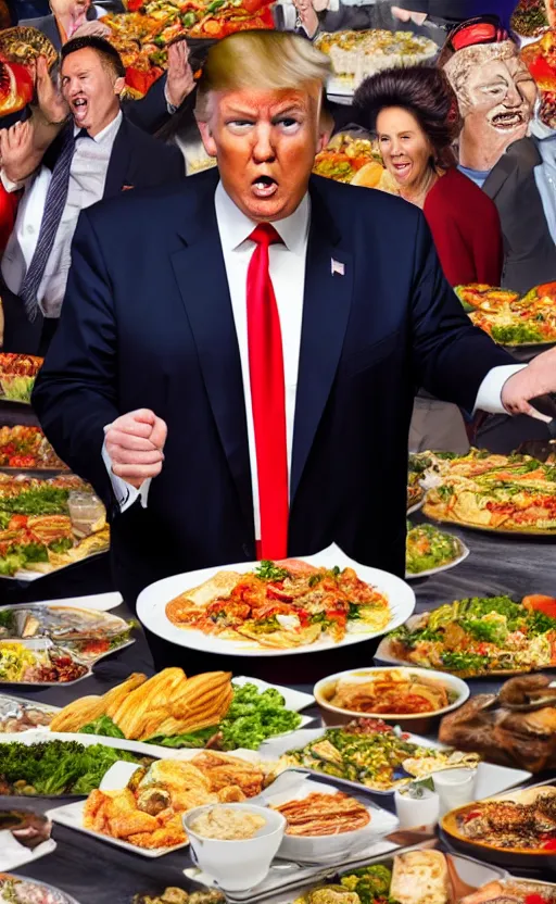 Image similar to donald trump as the main dish on the buffet for 1 0 0 people, photo, realistic, photorealistic, detailed, high quality, high resolution, 8 k, hdr, 8 k resolution, 8 k quality