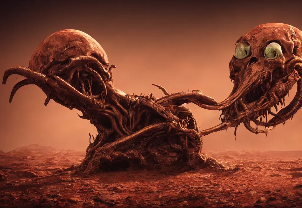 Prompt: eldritch animal alien skull in a dessert in mars, photorealistic, film, cinematic lighting, octane tender, volumetric light, dark - art