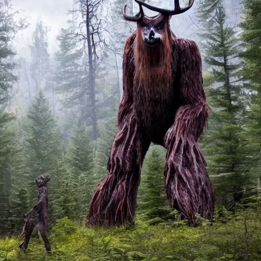 Prompt: beautiful Appalachian forest with a wendigo looming in the background