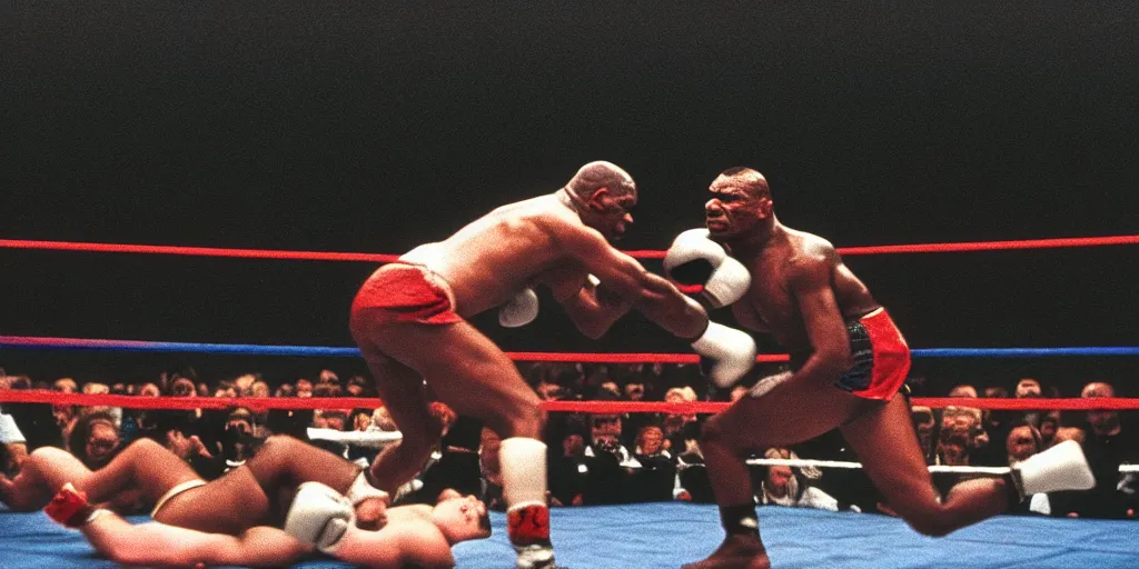 Image similar to detailed medium format photo, polaroid still from tarkovsky movie, mike tyson in a boxing match, haze, high production value, intricate details, 8 k resolution, hyperrealistic, hdr, photorealistic, high definition, tehnicolor, award - winning photography, masterpiece, amazing colors