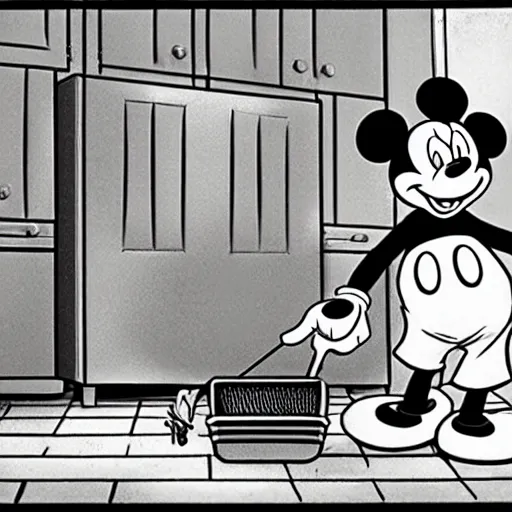 Prompt: mickey mouse setting mouse traps up in a kitchen, disney cartoon