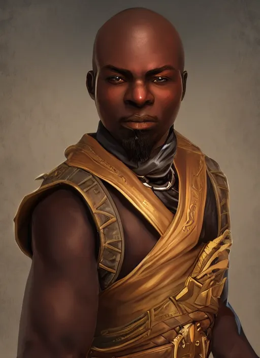 Image similar to An epic fantasy comic book style portrait painting of a young dark skinned thief with broad shoulders and a bald head in a vest in the style of the wheel of time in the style of the wheel of time, unreal 5, DAZ, hyperrealistic, octane render, cosplay, RPG portrait, dynamic lighting