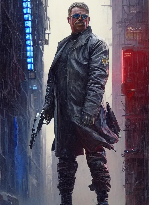 Prompt: Modern Teddy Roosevelt. Cyberpunk cop in tactical gear. plastic raincoat. blade runner 2049 concept painting. Epic painting by James Gurney, Azamat Khairov, and Alphonso Mucha. ArtstationHQ. painting with Vivid color. (rb6s, Cyberpunk 2077)