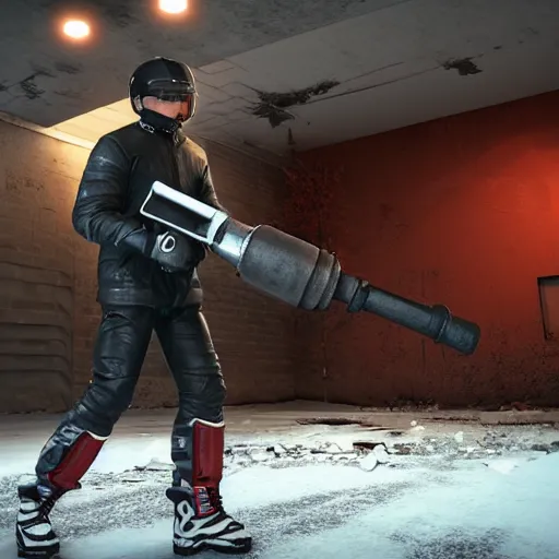 prompthunt: Man wearing dark racing helmet with cracked visor, red hockey  pads, snowboots, leather jacket, black leather gloves, firing a comically  large minigun, in destroyed, abandoned, vibrant, suburban neighborhood.  high quality, unreal