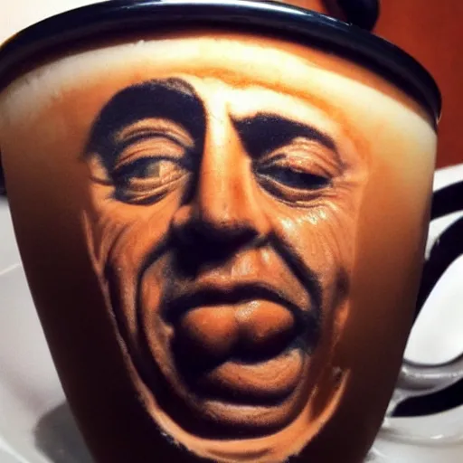 Image similar to al pacino's face made of coffee and milk foam in a cup of cappuccino, high detail