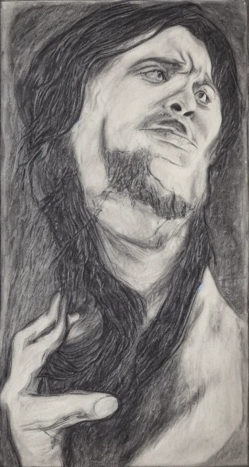 Prompt: a man with long, dark hair that is looking down onto a canvas he is holding, charcoal drawing, crude, A2 paper