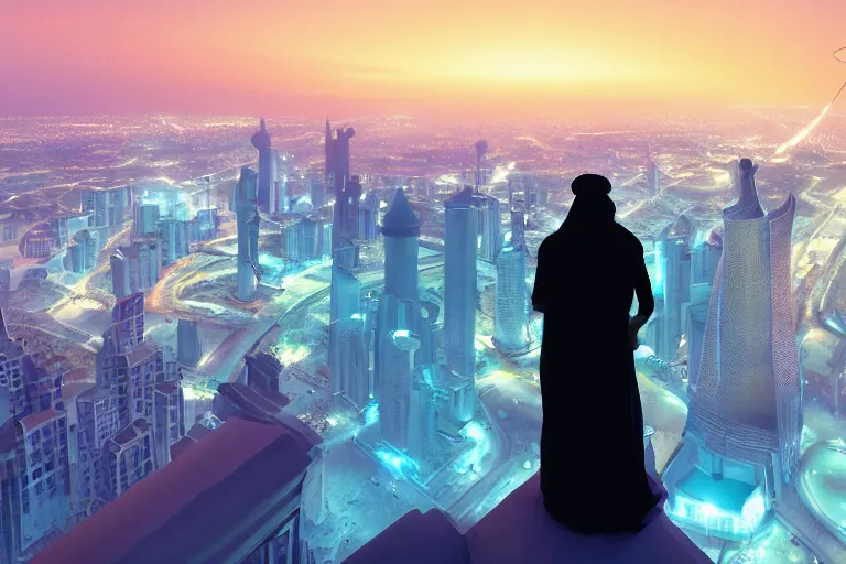 Image similar to arab man overlooking Riyadh city at night silhouette dramatic, dark, superhero, concept design, environment concept, artstation, digital art