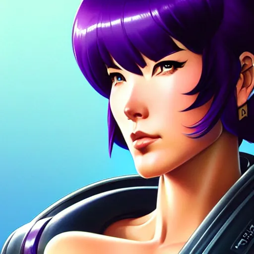 Image similar to head and shoulders portrait of Motoko Kusanagi, Fortnite illustration, medium shot, intricate, elegant, highly detailed, digital art, ffffound, art by gil elvgren and JC Leyendecker and sachin teng