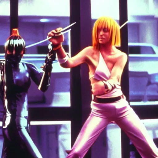 Image similar to leeloo from fifth element fighting beatrix kiddo from kill bill with mantis blades in cyberspace