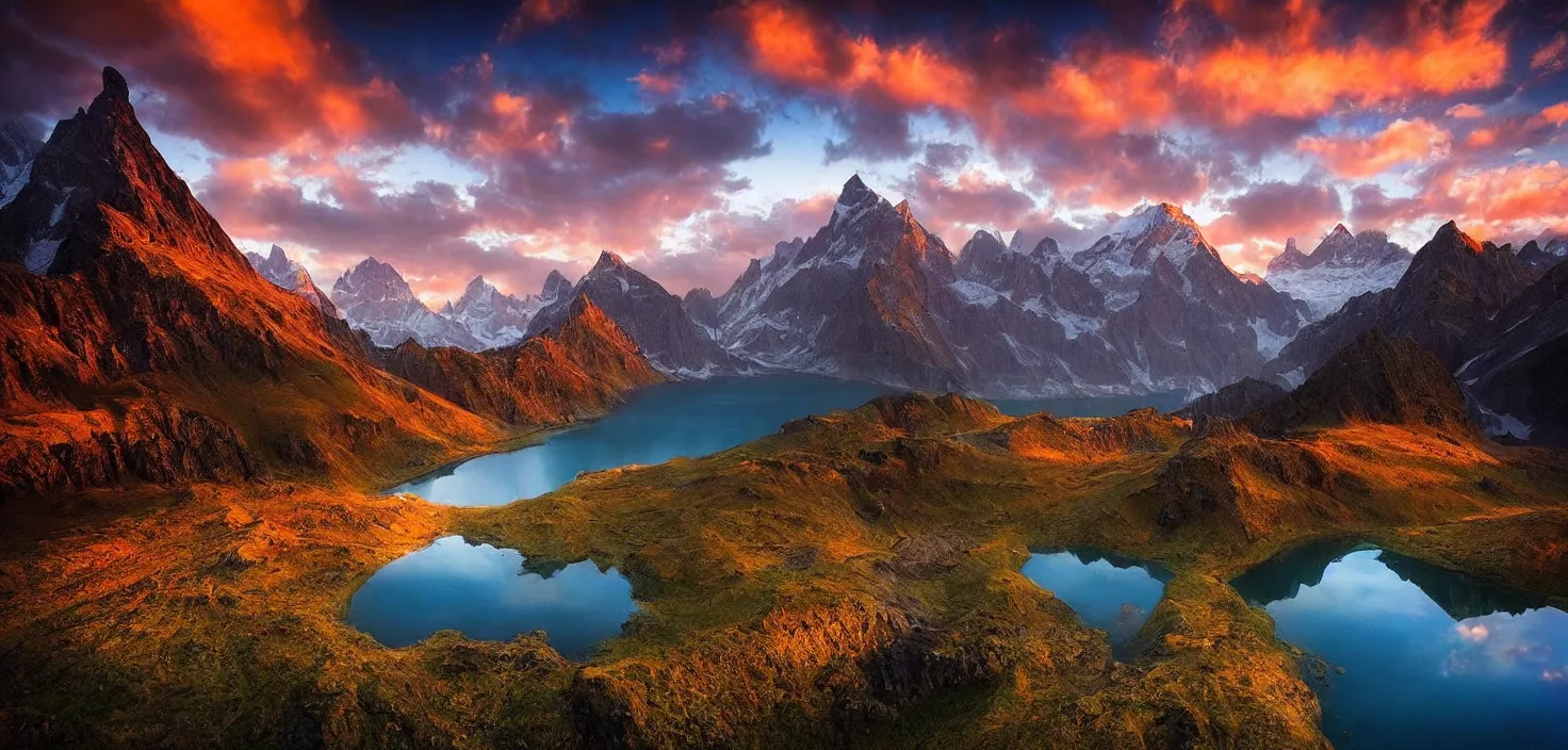 Image similar to amazing landscape photo of mountains with lake in sunset by marc adamus, beautiful dramatic lighting