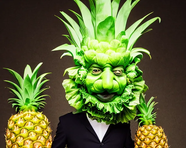 Image similar to a man wearing a cabbage mask, pineapple hat, formal suit, full body, full size, crumpled paper background, hyperrealistic, highly detailed, sharpness, dramatic lighting, modern detailed photo, by mark simonetti, hans giger, david lynch