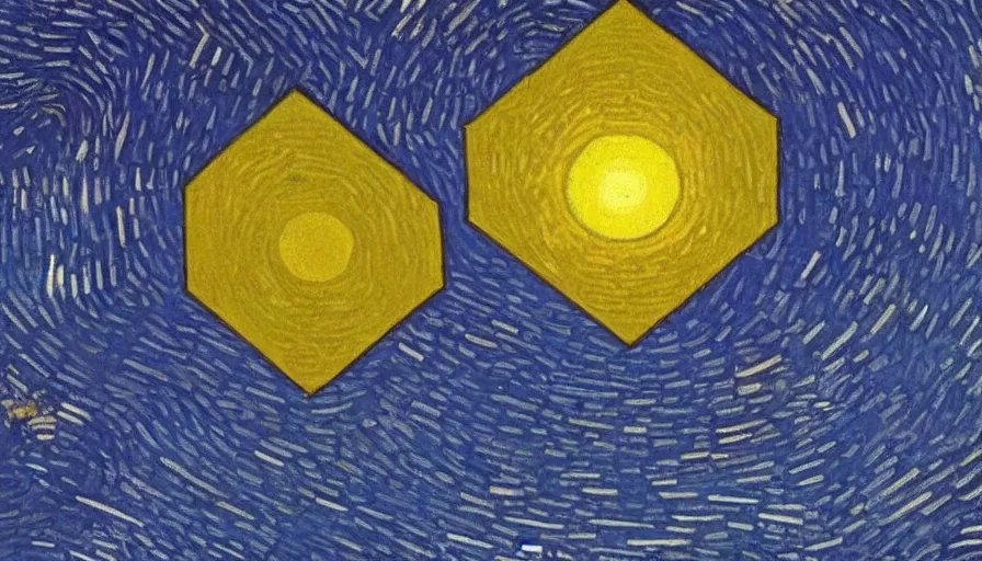 Image similar to the sun being blocked by a hexagon in space, planet earth in the foreground, painted by van gogh