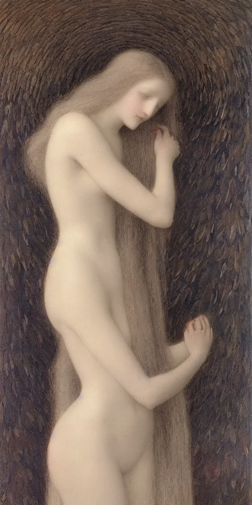 Image similar to Say who is this with silver hair so pale and Wan and thin? Beautiful feminine angel in the style of Jean Delville, Lucien Lévy-Dhurmer, Fernand Keller, Fernand Khnopff, single figure, oil on canvas, 1896, 4K resolution, aesthetic, mystery