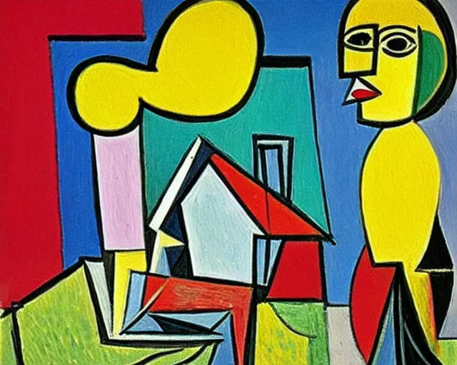 Prompt: a painting by picasso depicting a small house attached to one hundred balloons