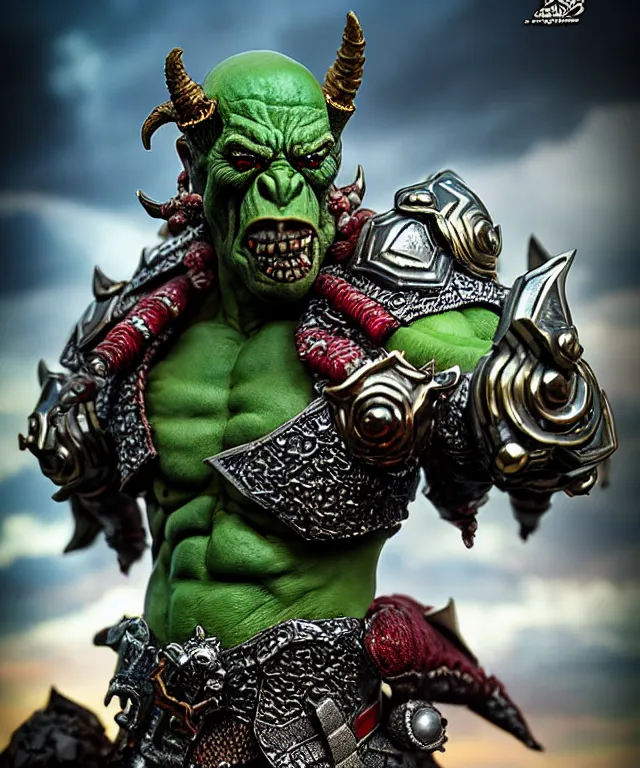 Prompt: hyperrealistic rendering, epic boss battle, ornate supreme orc goblin overlord, jewel crown, war armor battle, by art of skinner and richard corben, product photography, collectible action figure, sofubi, hottoys, storm clouds, outside, lightning