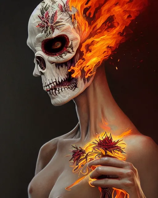 Prompt: portrait of grim reaper, burning face, upper body, decorated with cannabis flowers, intricate, elegant, highly detailed, digital painting, artstation, concept art, smooth, sharp focus, illustration, art by artgerm and greg rutkowski and alphonse mucha, 8 k