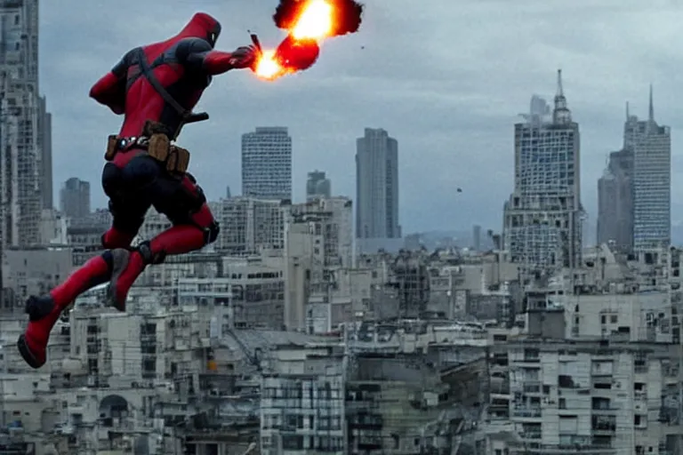 Image similar to Deadpool leaps off militarily helicopter firing missiles and smashes through high rise window, explosions, by Emmanuel Lubezki