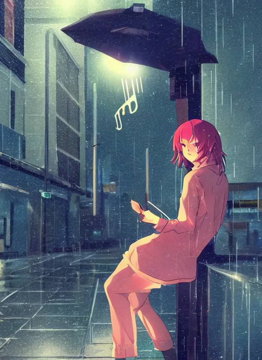 Image similar to listening to music at 2 am, night, pretty girl, pose, rain, lofi, lofi, peaceful, street light, anime key visual, poster, street wears, anime, by wlop, high quality, 4 k, trending, trending on artstation