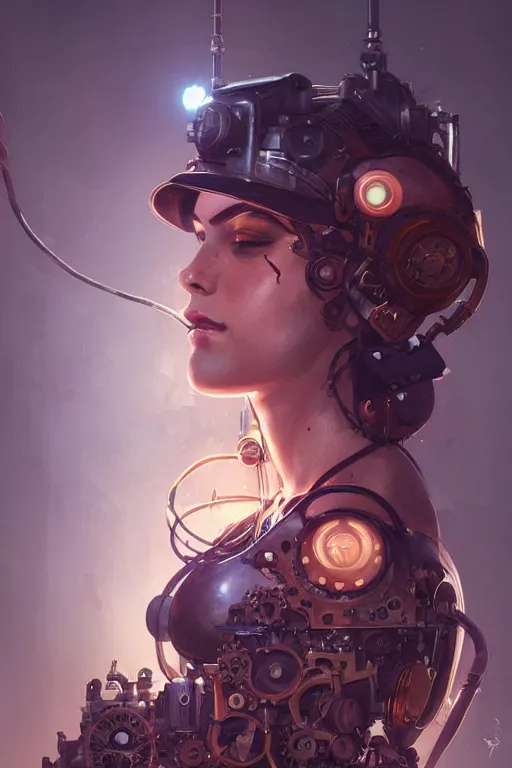 Image similar to portrait of a steampunk girl with mechanical parts and neon light by Artgerm and Greg Rutkowski , digital painting, highly detailed, trending on artstation