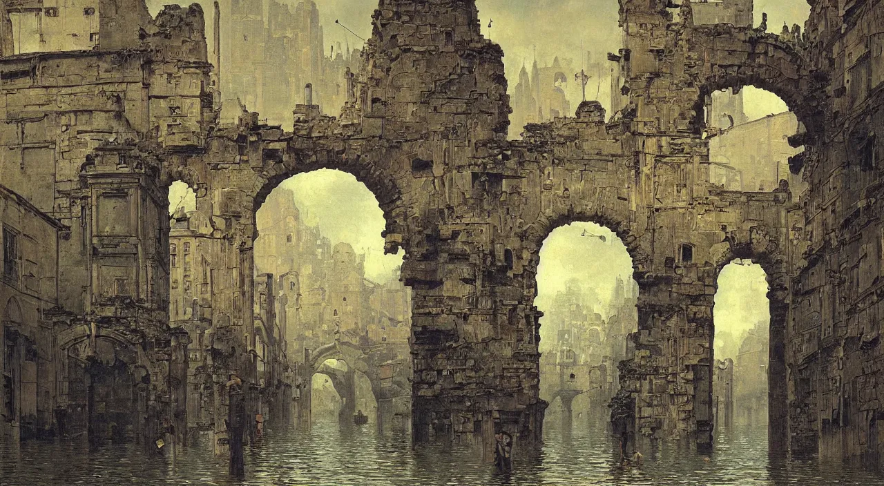 Prompt: a high contrast! painting of a flooded ancient street empty arch by ernst haeckel carl spitzweg rene magritte, full - length view, psychedelic, surreal, vibrant, symmetry, great composition, high detail, cinematic lighting, masterpiece