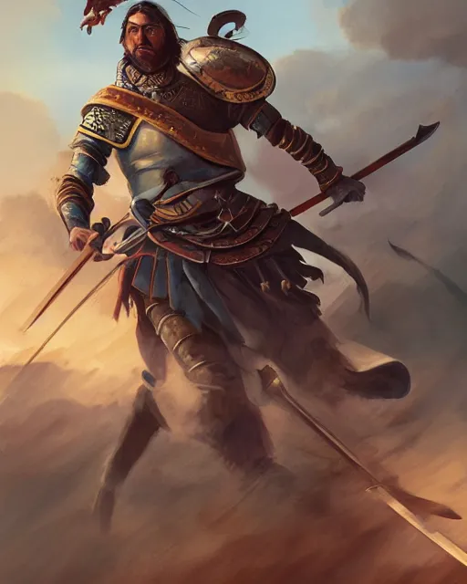 Prompt: portrait of a spanish conquistador in battle, by daniel zrom and mingchen shen, studio ghibli color scheme, detailed, handsome, anatomy, sharp focus, photography, magic : the gathering, octane, cinematic lighting, facial features, clear face, realistic face, golden ratio