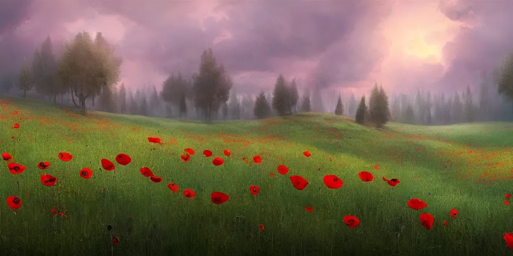 Image similar to a detailed beautiful matte painting of a field of poppies by Mikko Lagerstedt and Raphael Lacoste